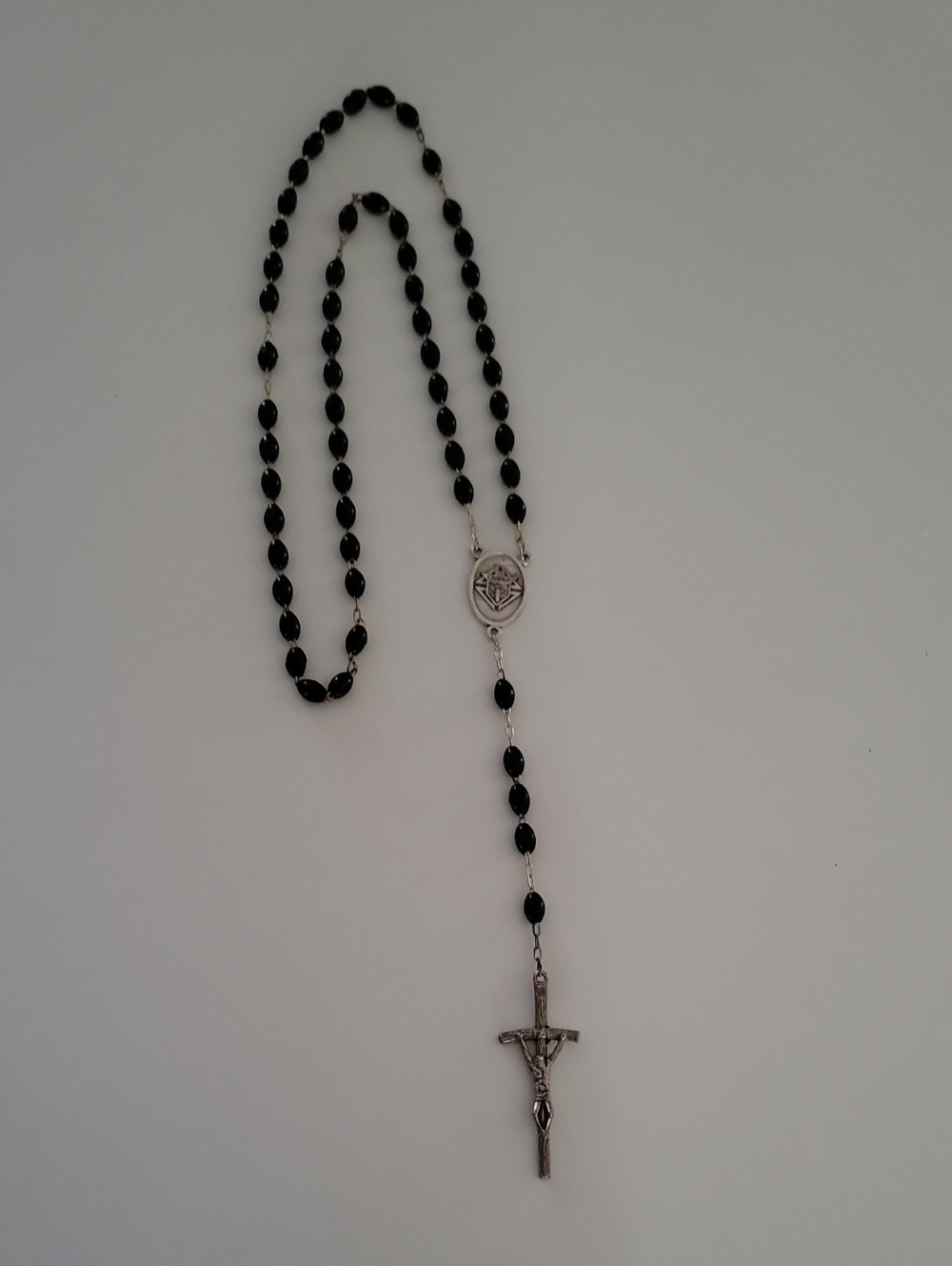 Vintage Silver Crucifix Rosary Necklace with Black Beads